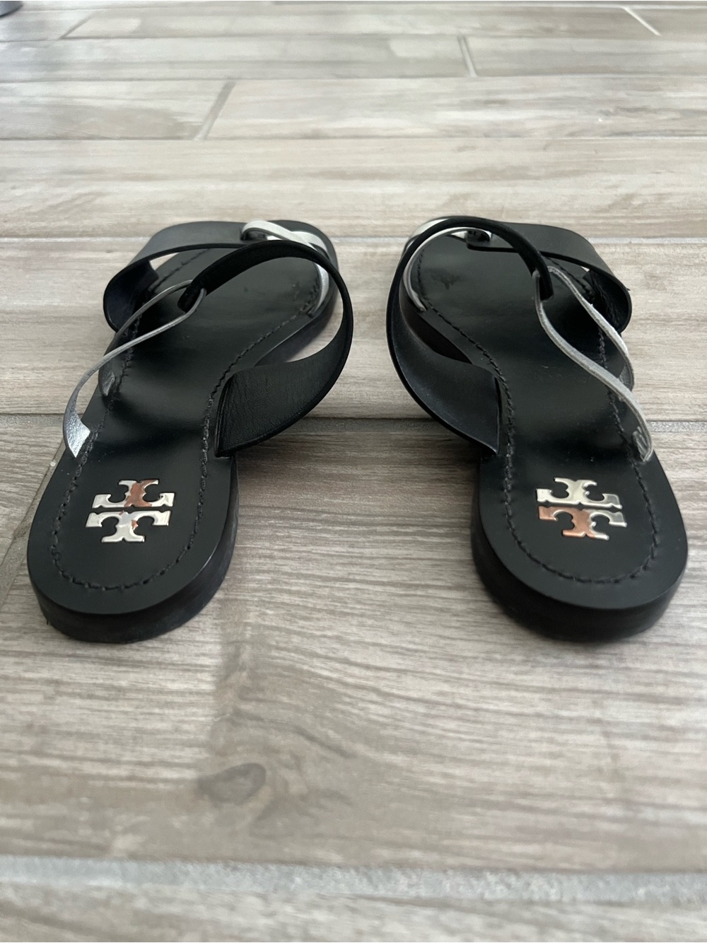 Tory Burch Black and Silver Leather Slide Sandals - Picture 4 of 5